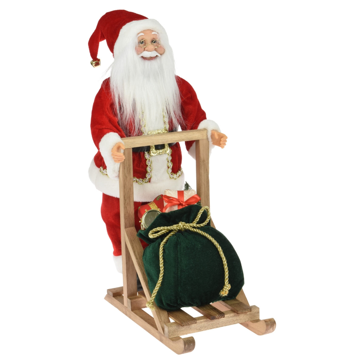Decoratiune Mos Craciun pe sanie din lemn, 47 cm