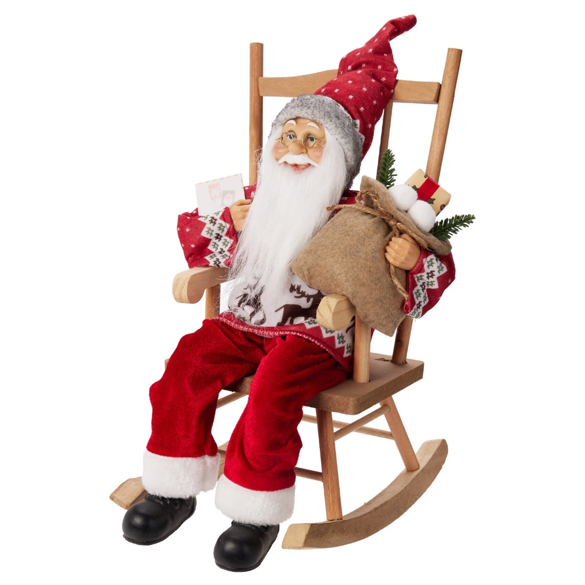 Decoratiune de Craciun cu figurina Mos Craciun asezat pe un scaun balansoar avand inaltimea de 45 cm