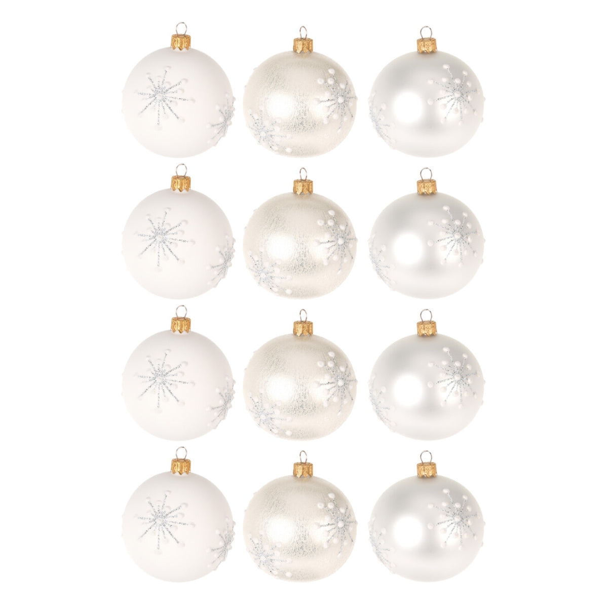 Set 12 globuri din sticla alba opal cu model fulg de zapada 8 cm