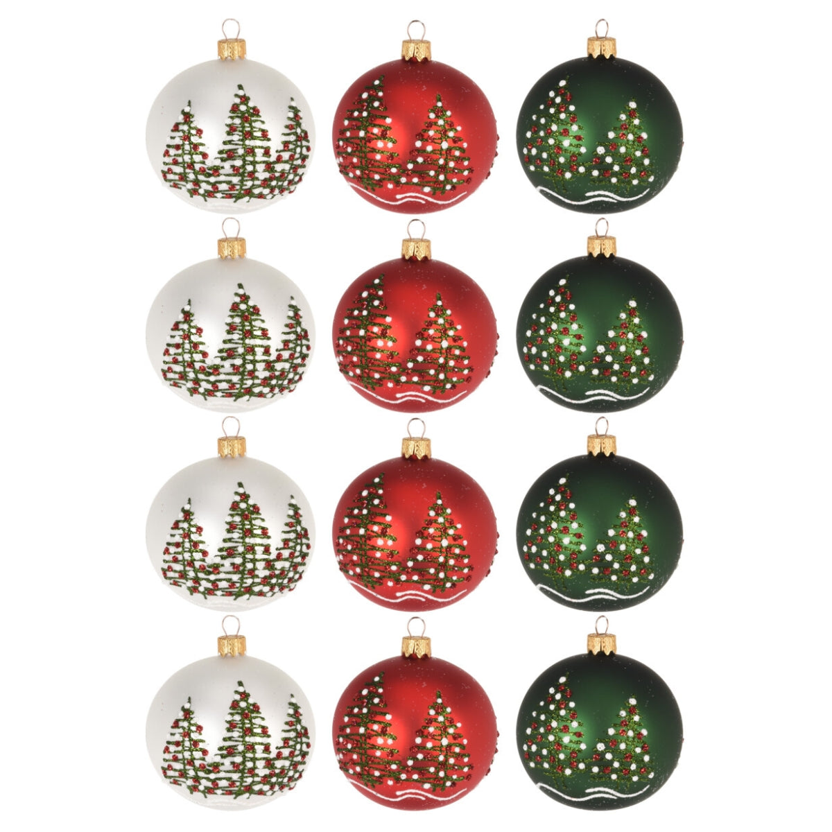 Set 12 globuri din sticla, albe, rosii si verzi, cu brazi, 8 cm