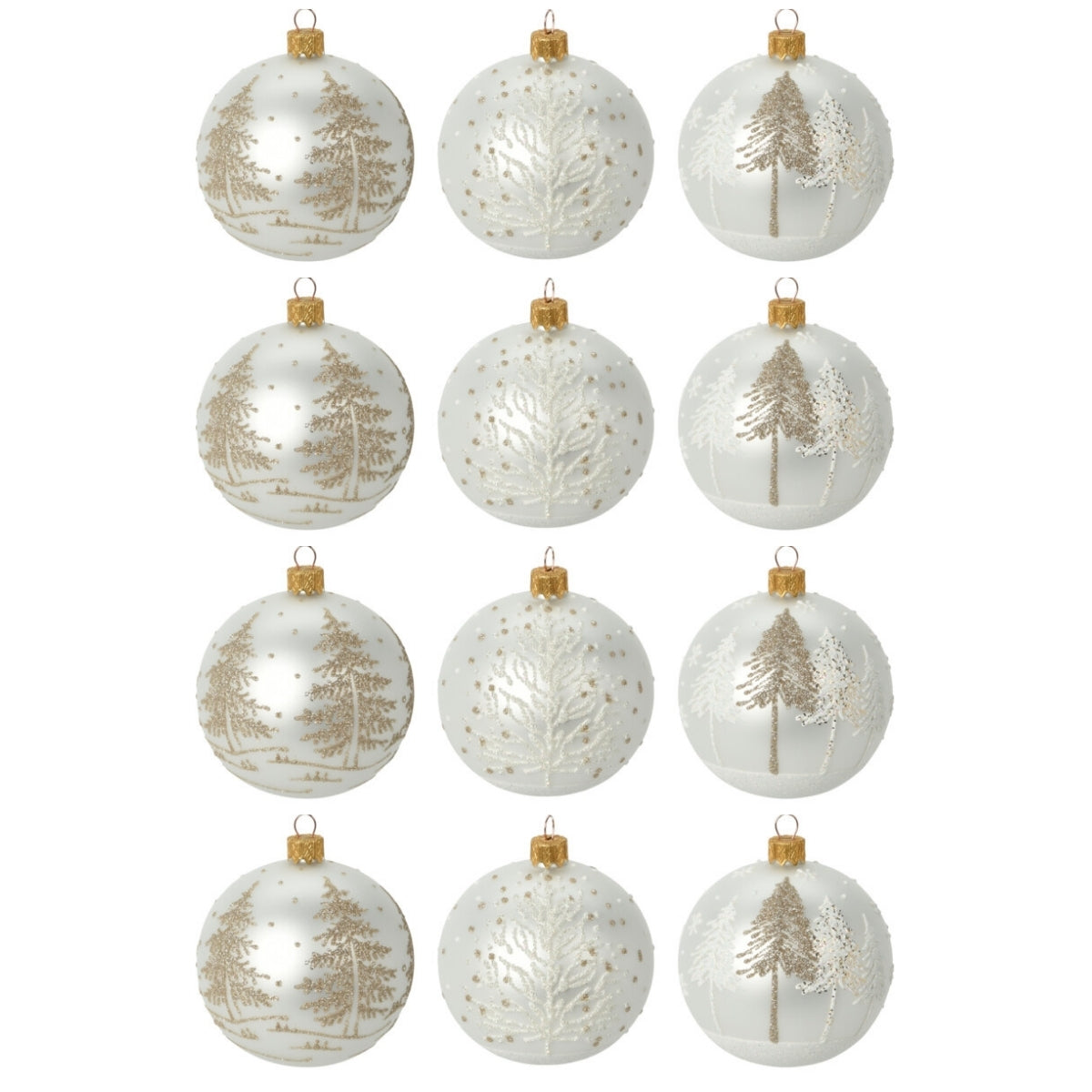 Set 12 globuri din sticla, albe opal cu sclipici auriu si argintiu, diametru 8 cm