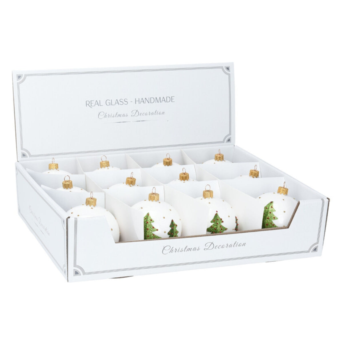 Set de douasprezece globuri rotunde din sticla alba decorate cu model de brazi de Craciun avand diametrul de opt centimetri