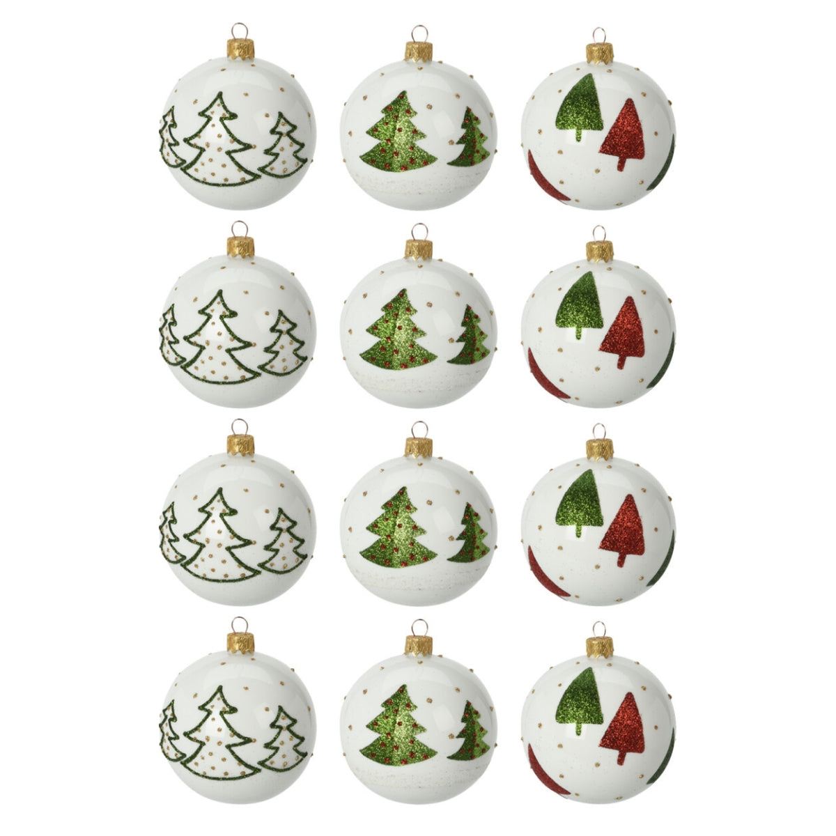 Set 12 globuri din sticla alba cu model brazi de Craciun 8 cm