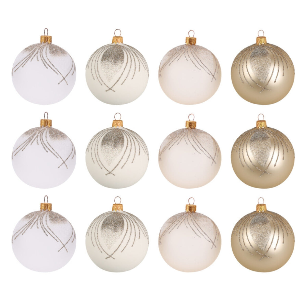 Set 12 globuri din sticla, albe si aurii cu sclipici, 8 cm