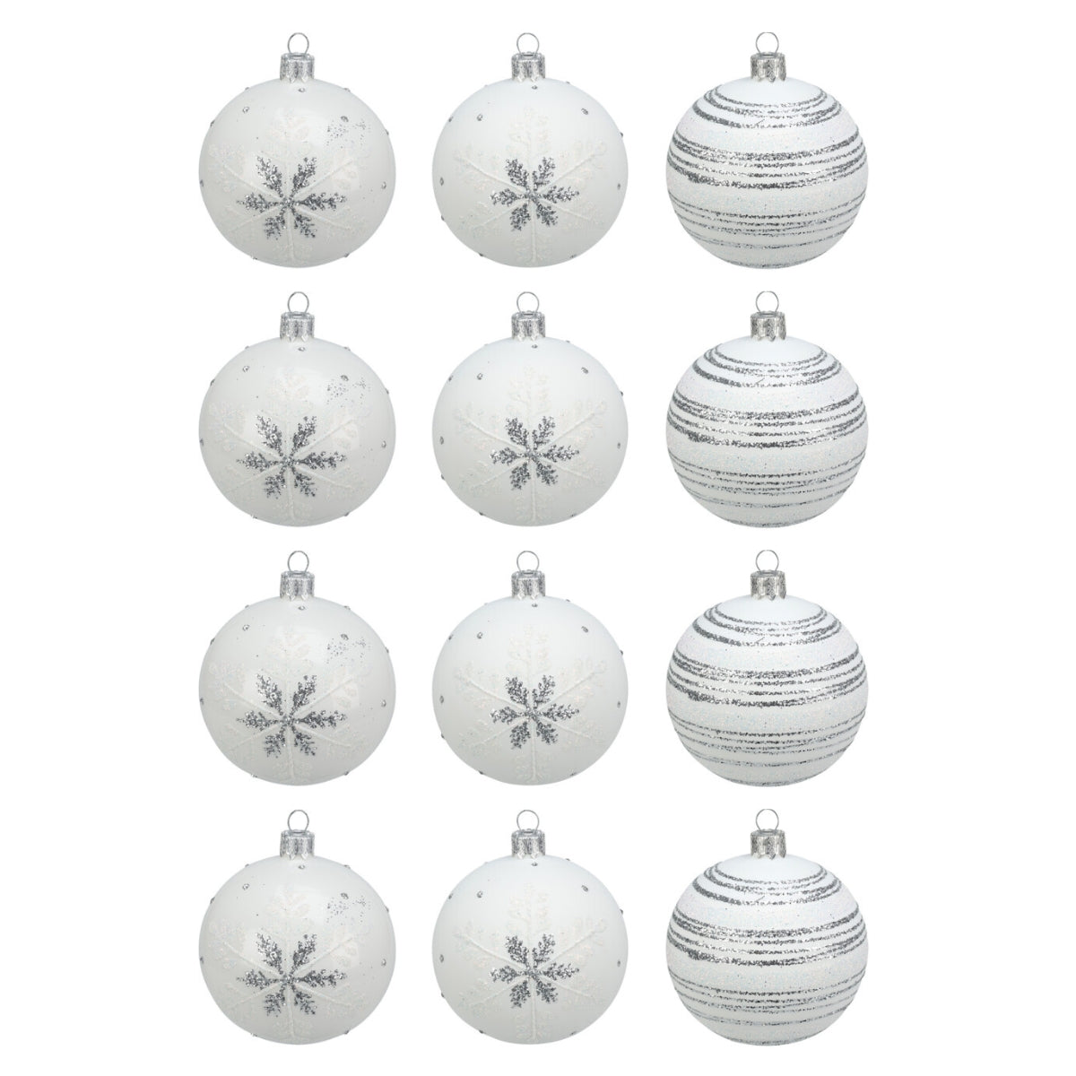 Set 12 globuri din sticla alba mata cu sclipici argintiu, 8 cm