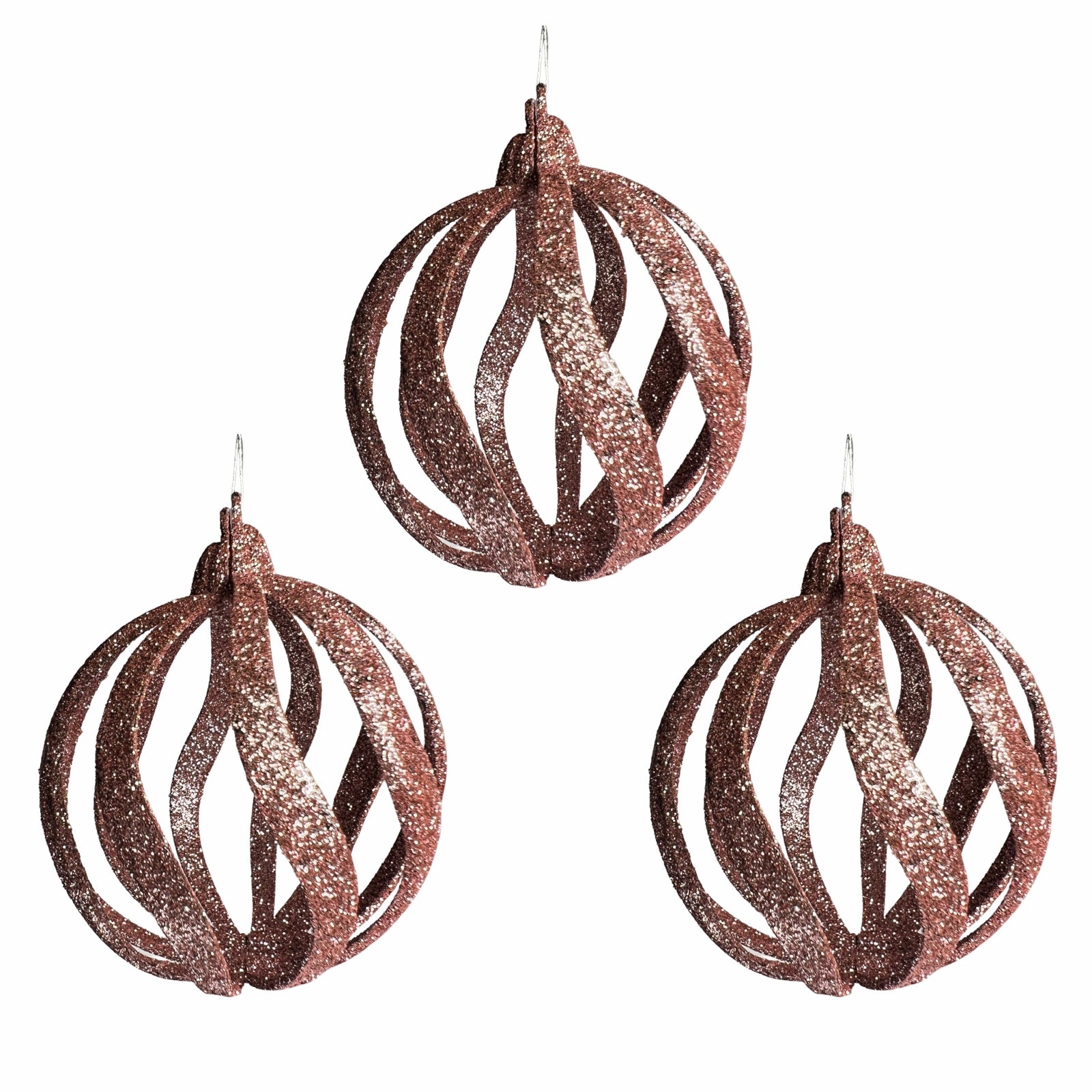 Set trei globuri roz cu sclipici de opt centimetri pentru decorarea bradului de Craciun