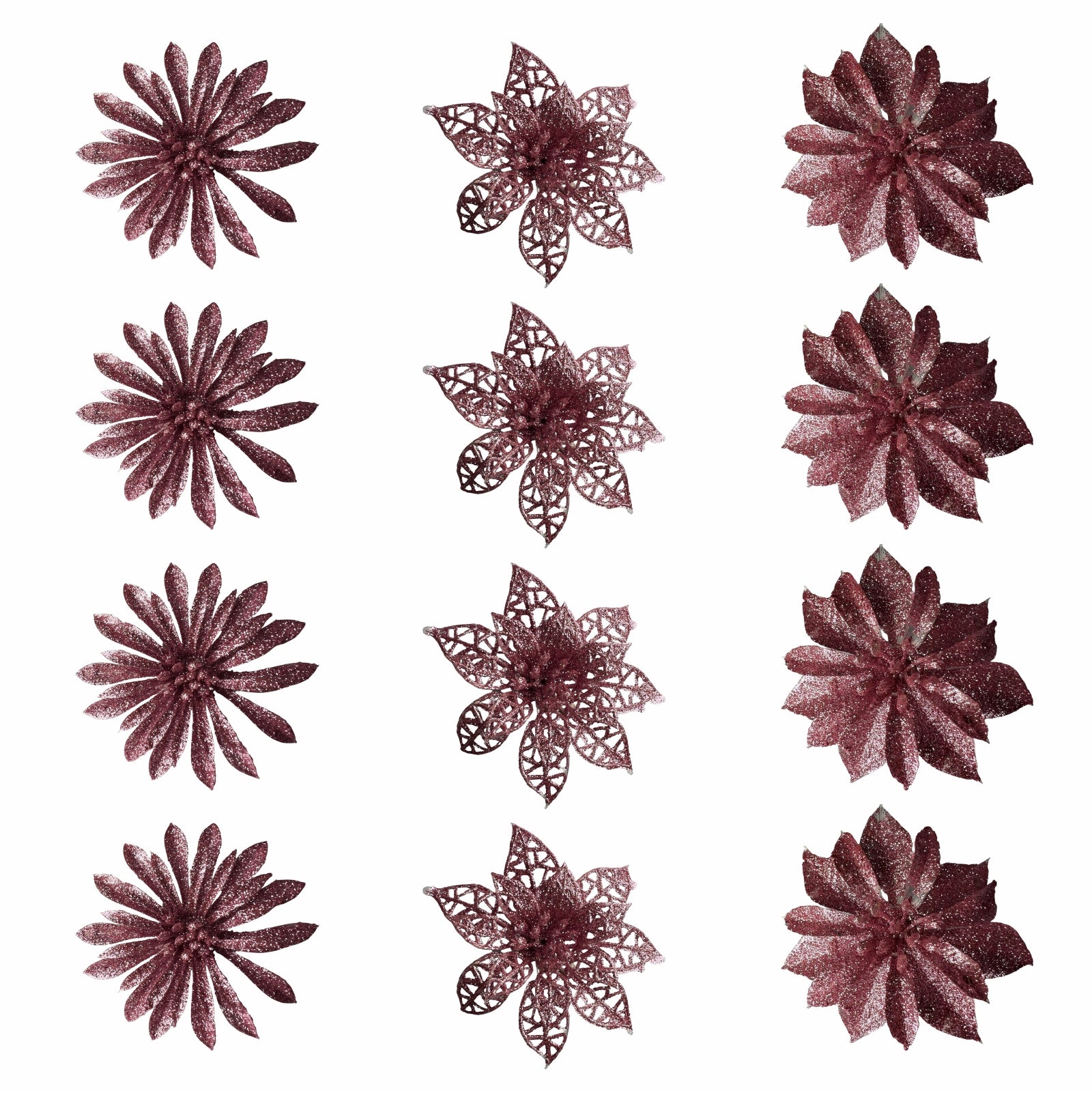 Set douasprezece flori roz cu sclipici pentru decorarea bradului de Craciun opt centimetri