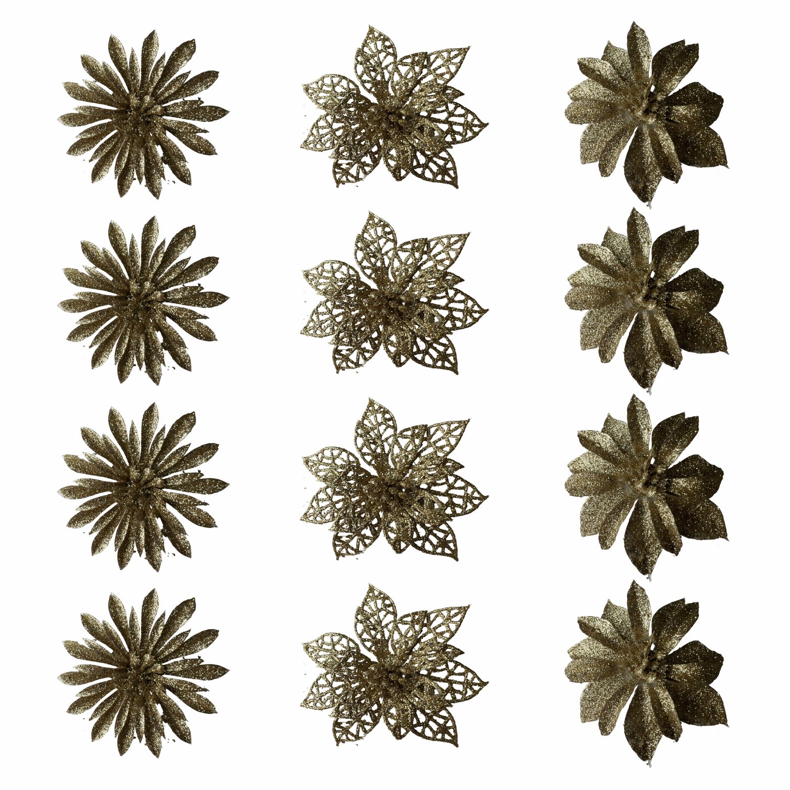 Set de douasprezece flori artificiale aurii cu sclipici pentru decorarea bradului de Craciun