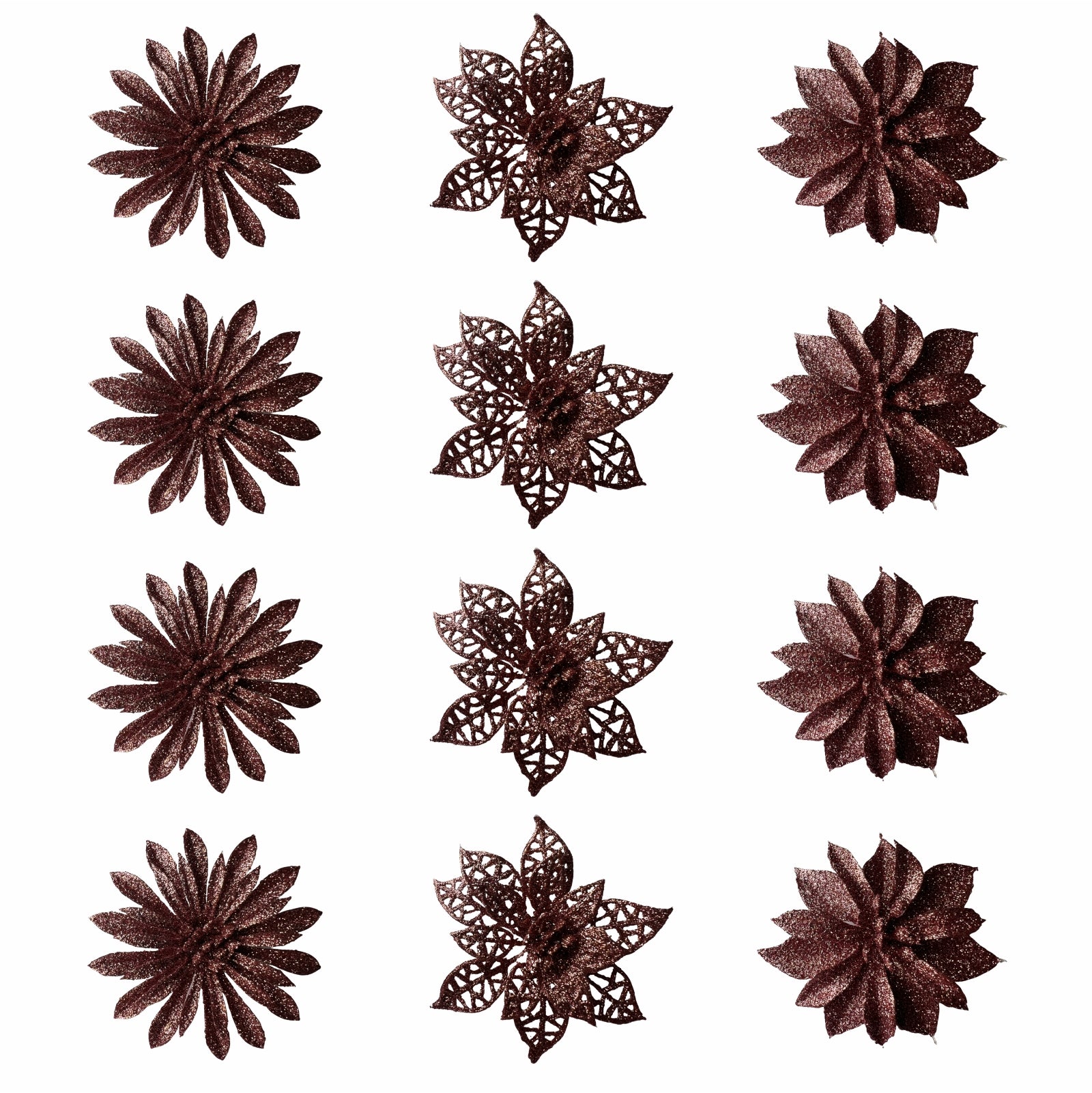 Set douasprezece flori artificiale roz inchis cu sclipici pentru decorarea bradului de Craciun