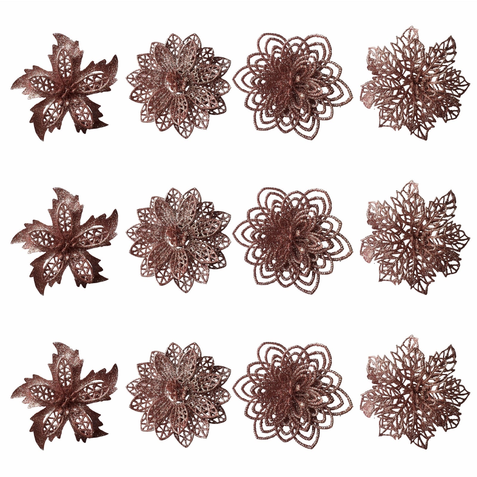 Set de douasprezece flori artificiale roz cu sclipici pentru decorarea bradului de Craciun avand dimensiunea de doisprezece centimetri