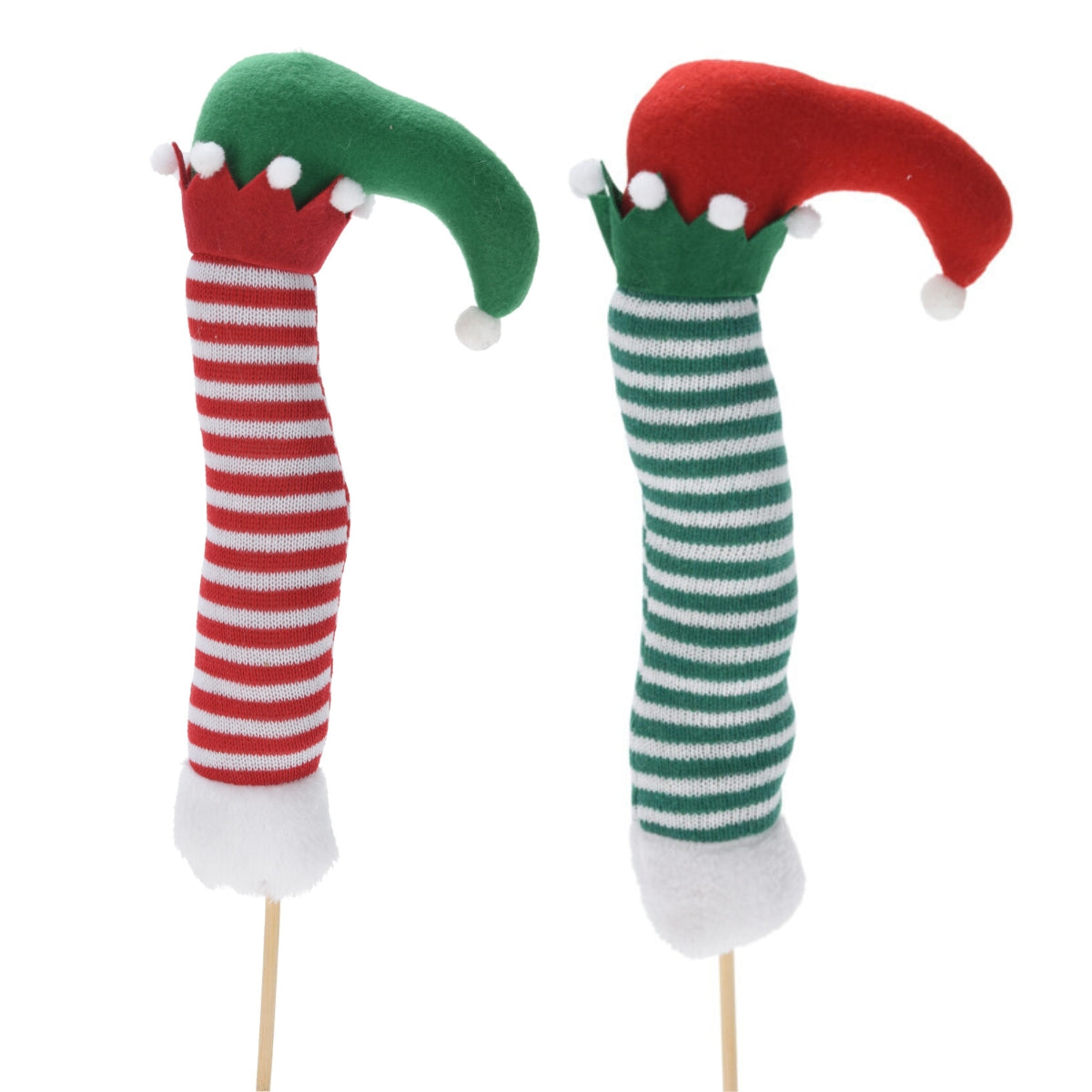 Set doua decoratiuni pentru bradul de Craciun in forma de picioruse de spiridus pe bat de cincizeci si sase centimetri