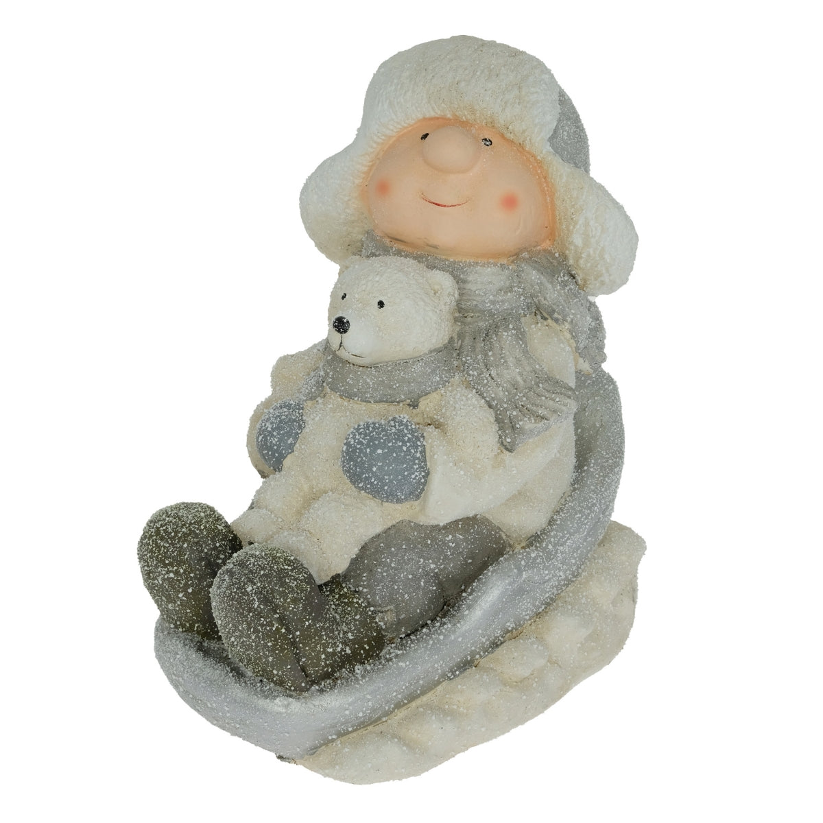 Decoratiune Craciun baietel cu ursulet pe sanie, polirasina, 41 cm
