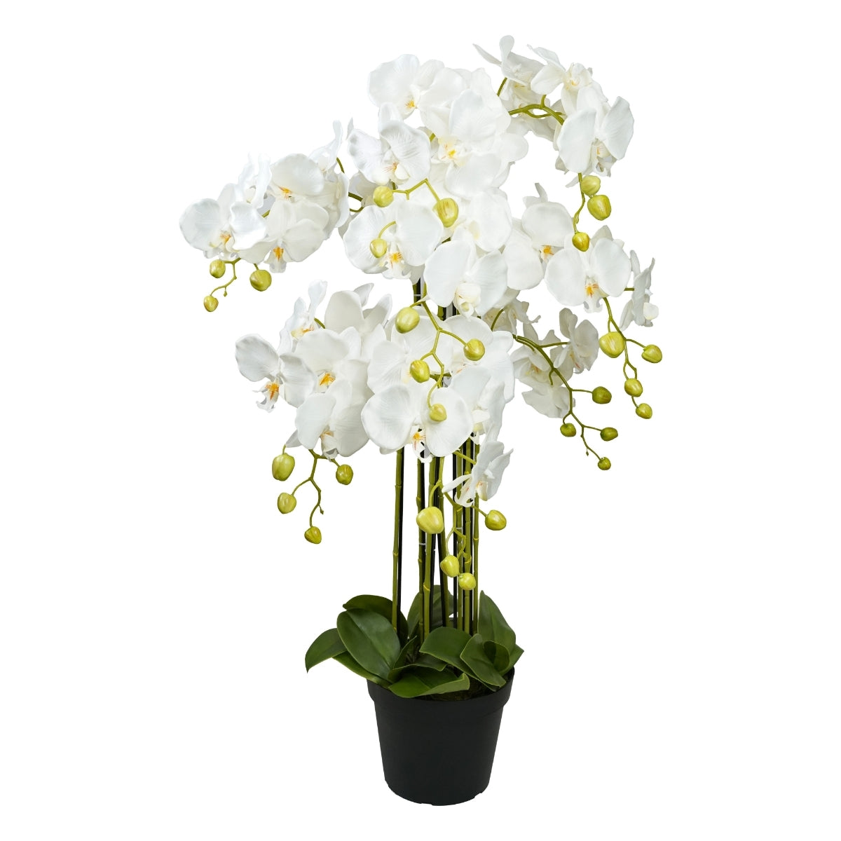 Aranjament cu orhidee artificiala Phalaenopsis alba in ghiveci de plastic, 90 cm