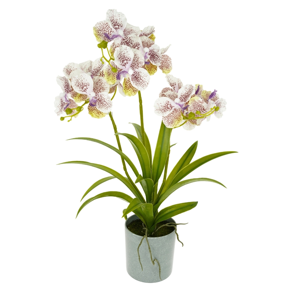 Orhidee artificiala Vanda alba-violet cu 3 fire, in vas de plastic, 50 cm