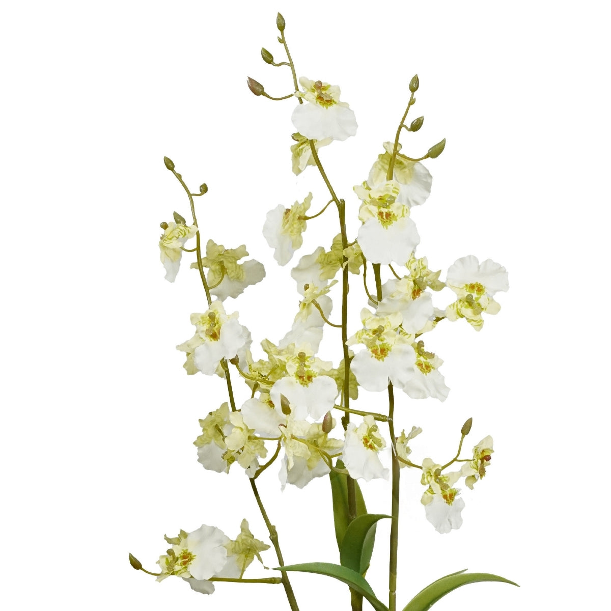 Orhidee artificiala Oncidium alba cu 3 fire, in vas de plastic, 70 cm