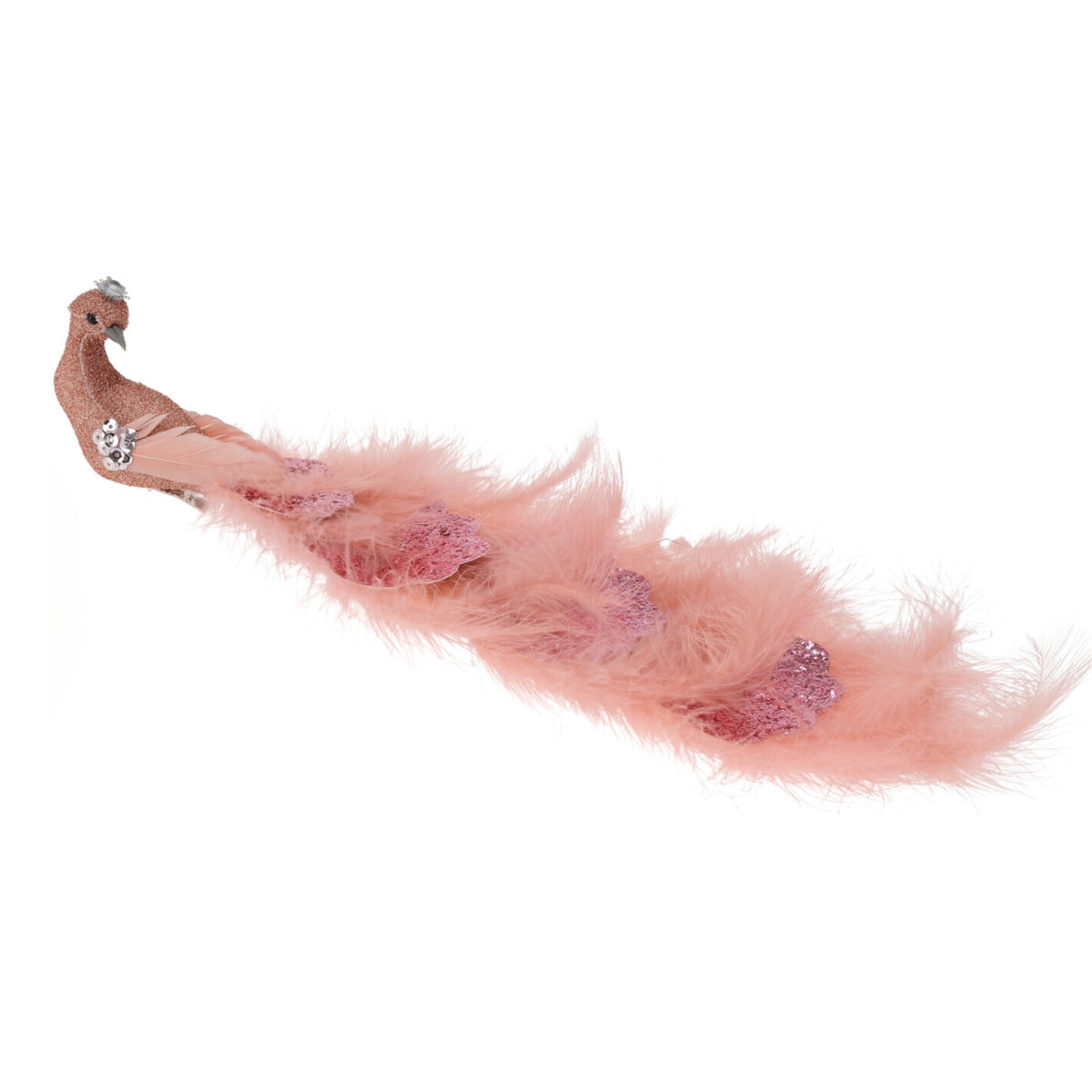 Decoratiune brad paun roz cu pene, sclipici si paiete, 24 cm