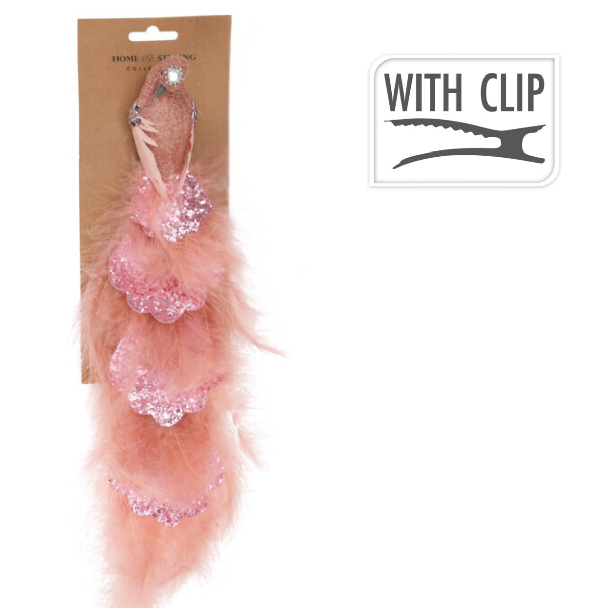 Decoratiune brad paun roz cu pene, sclipici si paiete, 24 cm