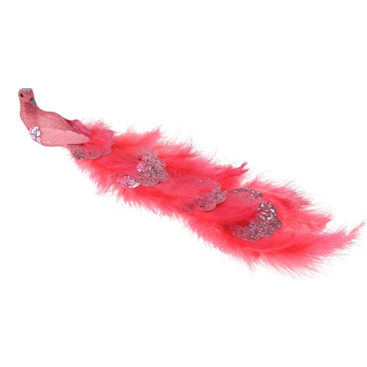 Decoratiune de brad in forma de paun de culoare fucsia decorat cu pene sclipici si paiete stralucitoare