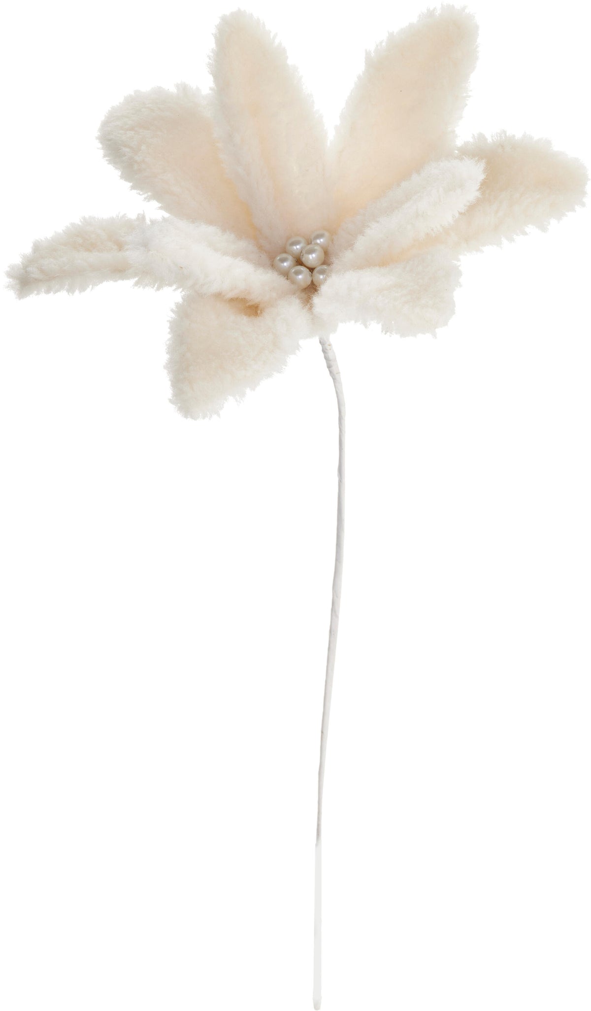 Floare decorativa de Craciun din plus alb cu perle centrale pentru brad