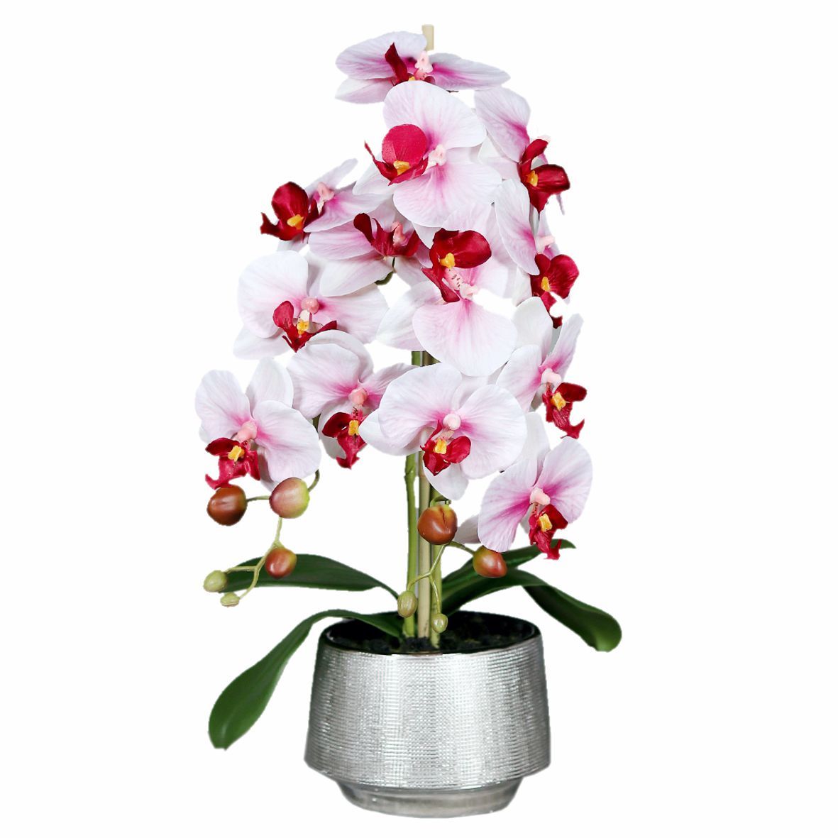 Orhidee artificiala Phalaenopsis alb-rosu in vas ceramic, 60 cm