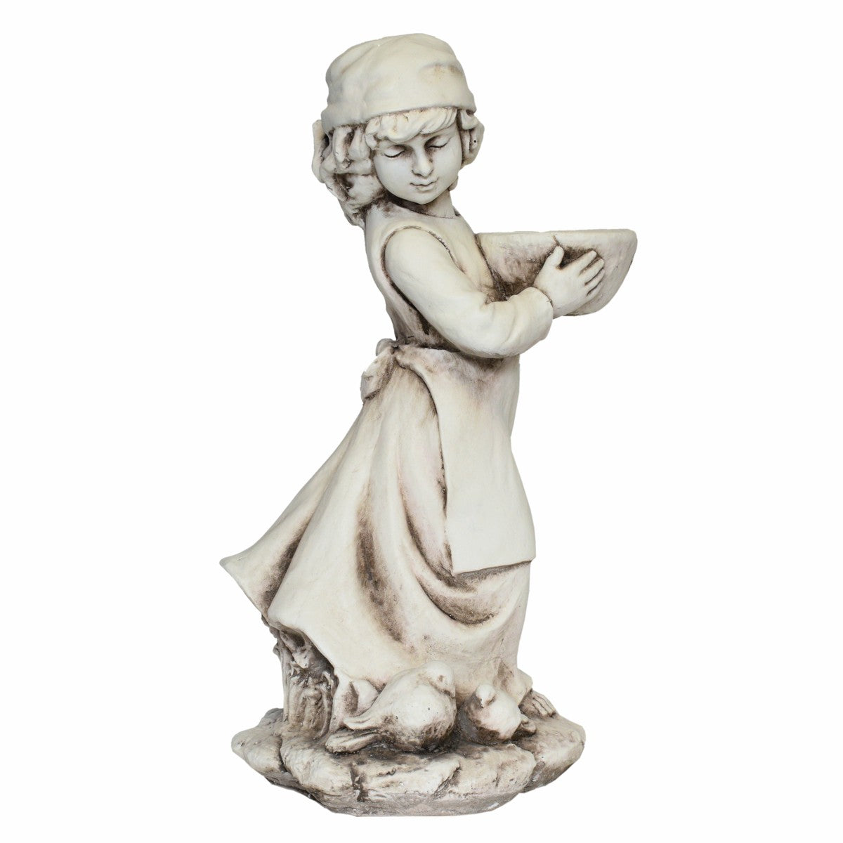 Statuie de gradina din piatra reprezentand o fetita cu pasari si suport pentru flori inaltime saizeci si patru centimetri