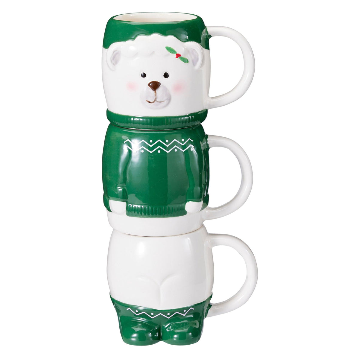 Set de 3 cani Craciun suprapuse, ursulet, verzi, 26 cm