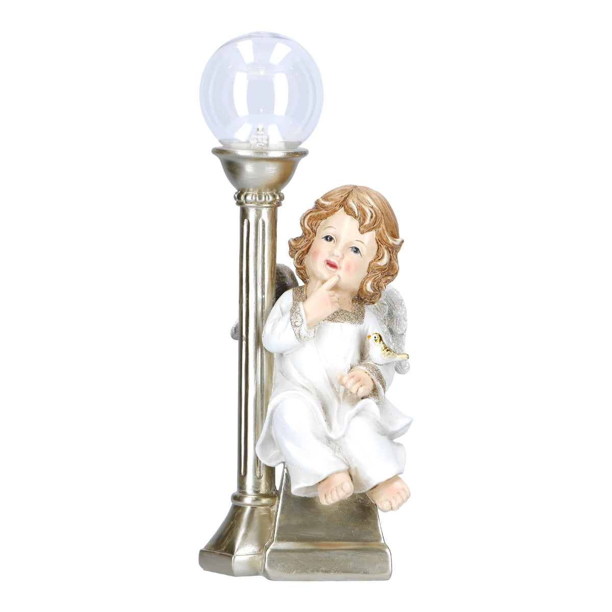 Decoratiune de Craciun reprezentand un ingeras asezat sub un felinar cu lumina LED realizata din polirasina
