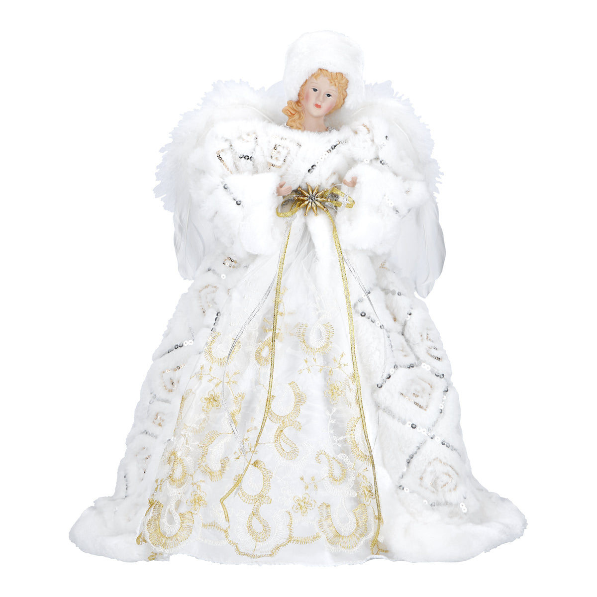 Varf de brad inger din portelan, alb cu auriu, 43 cm