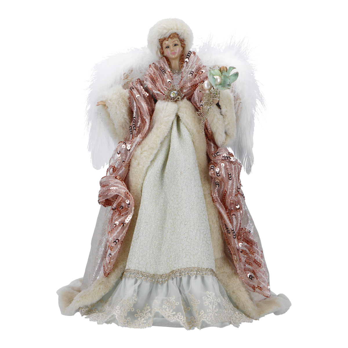 Varf de brad inger din portelan, alb si crem cu roz, iluminat LED, 41,5 cm