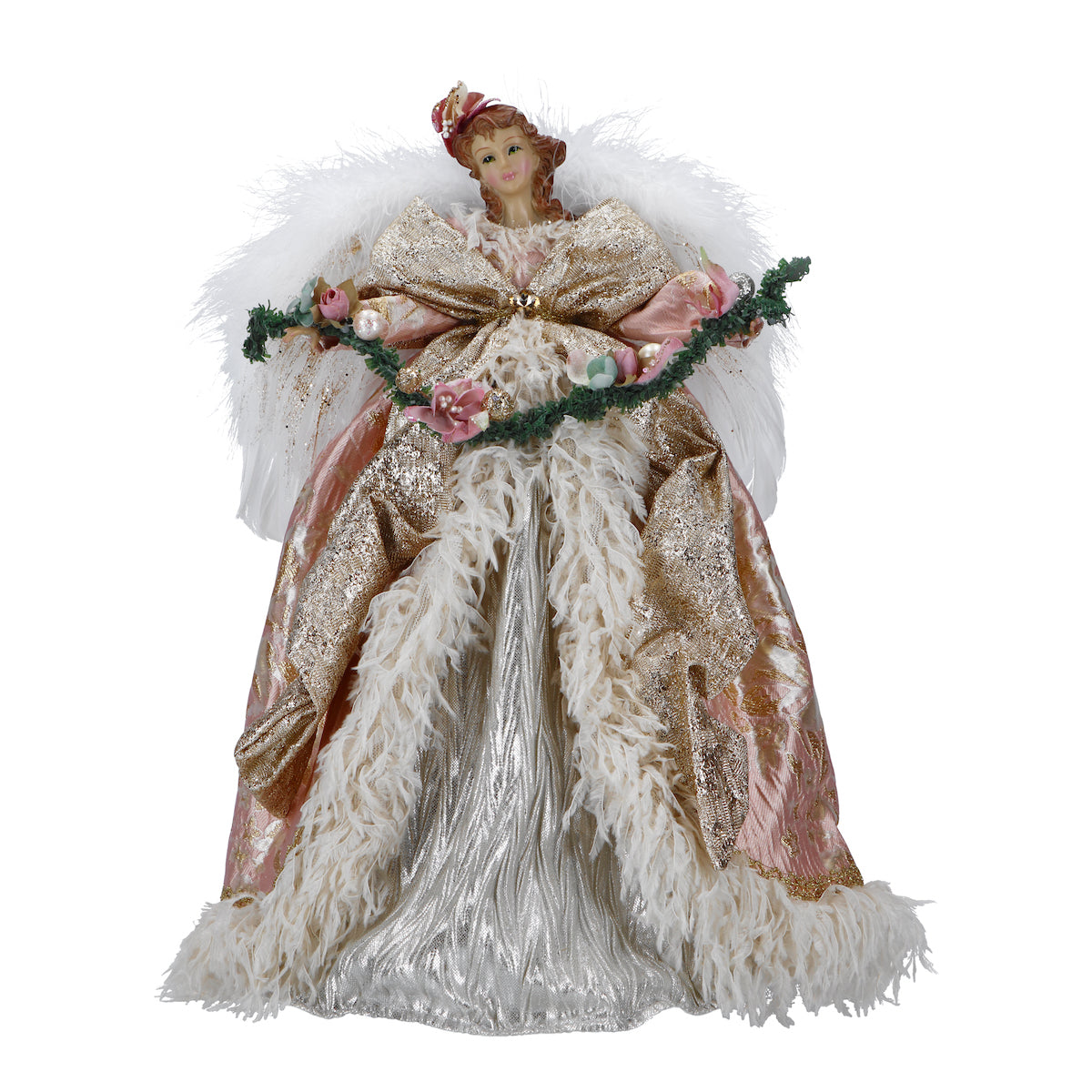 Varf de brad inger din portelan, auriu cu roz si alb, iluminat LED, 41,5 cm