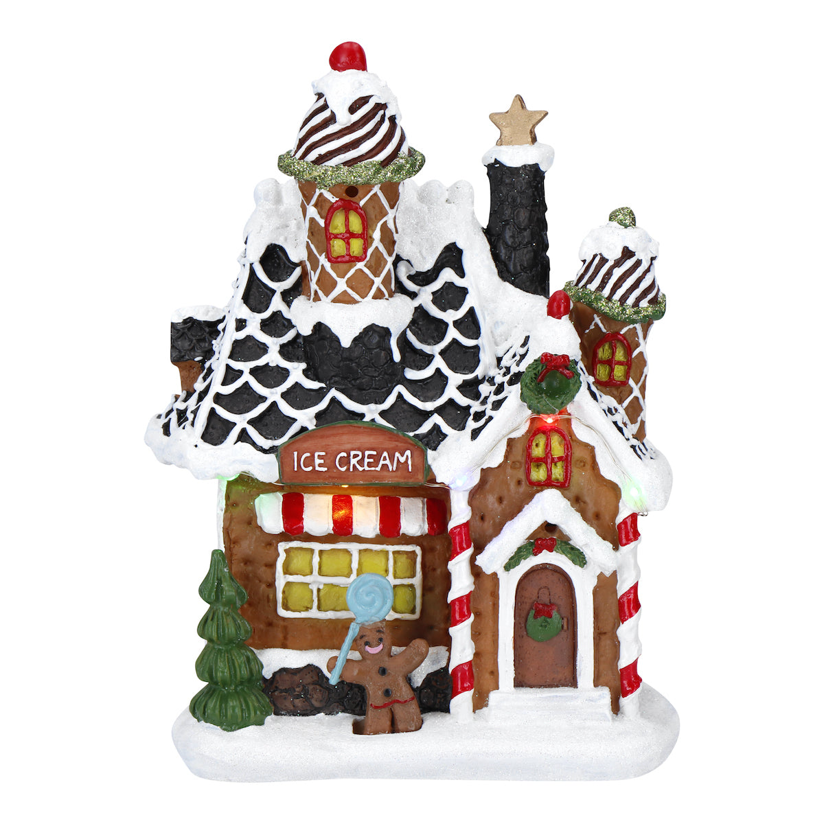Decoratiune de Craciun in forma de casuta de turta dulce cu detalii festive si lumina LED