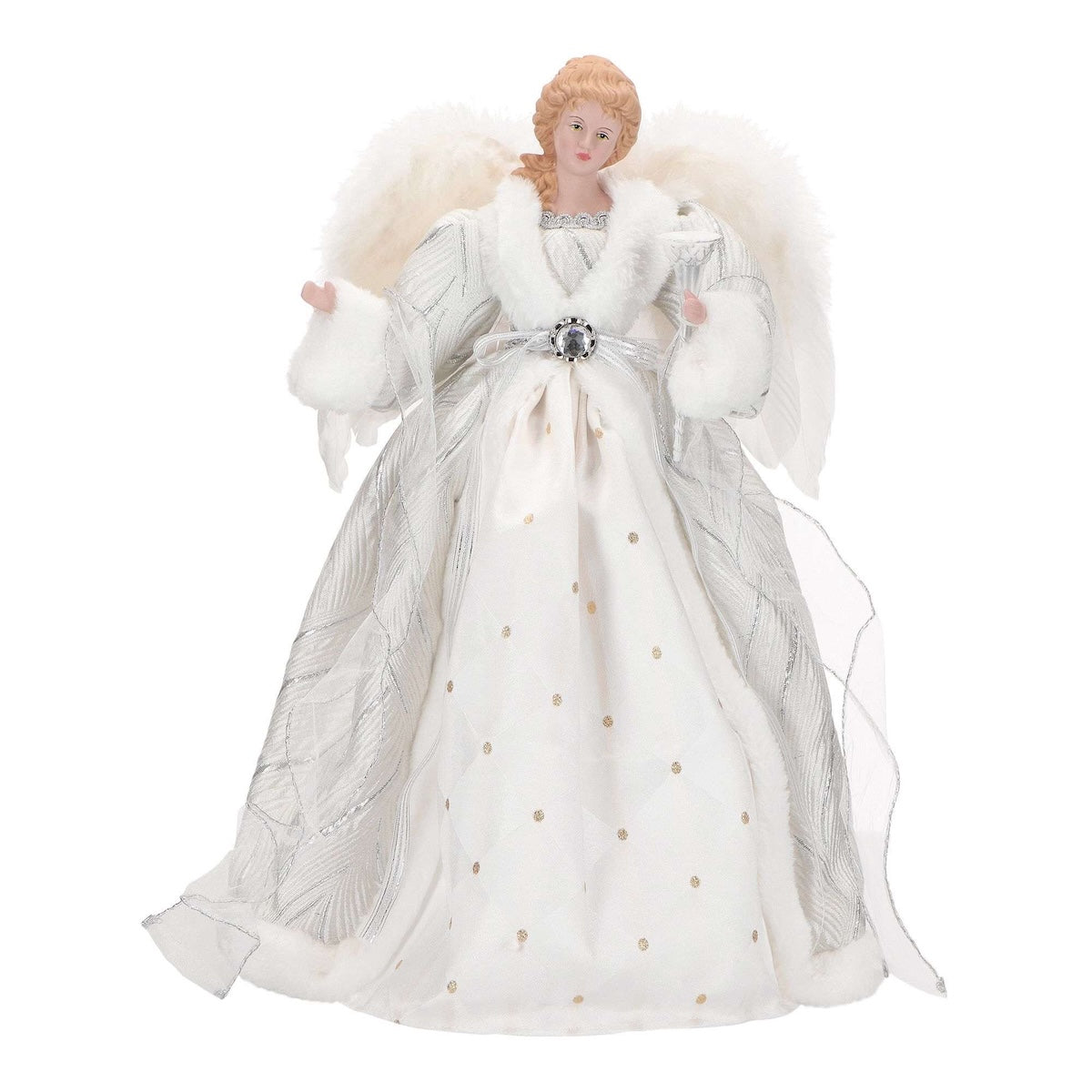 Varf de brad inger din portelan, alb cu argintiu, 42 cm