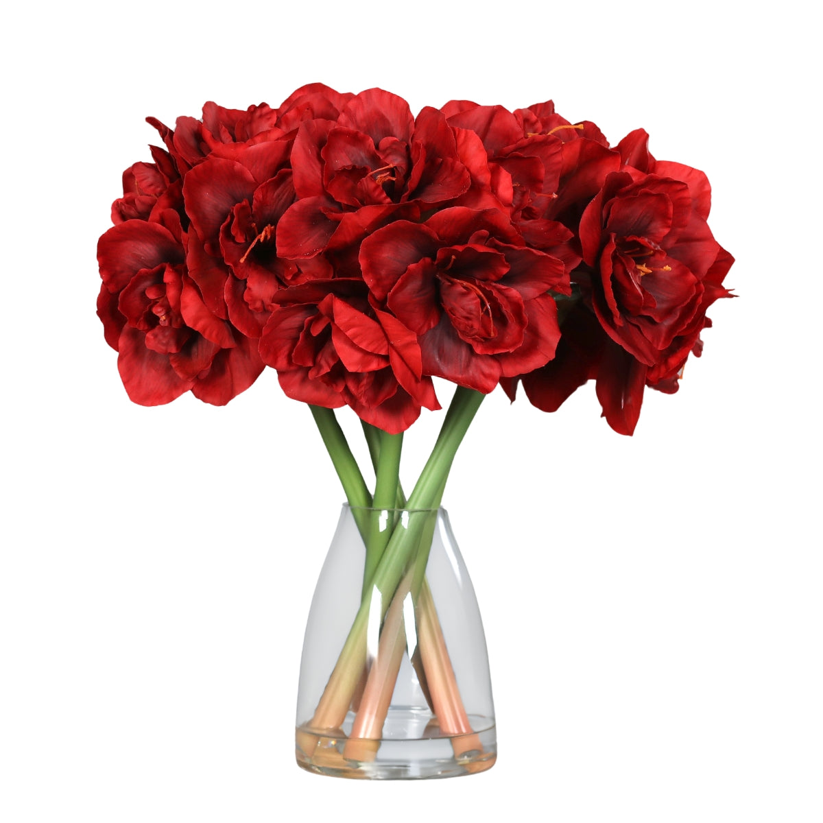 Aranjament floral premium cu cinci fire de amaryllis artificiale de culoare rosie asezate intr-un vas din sticla transparenta