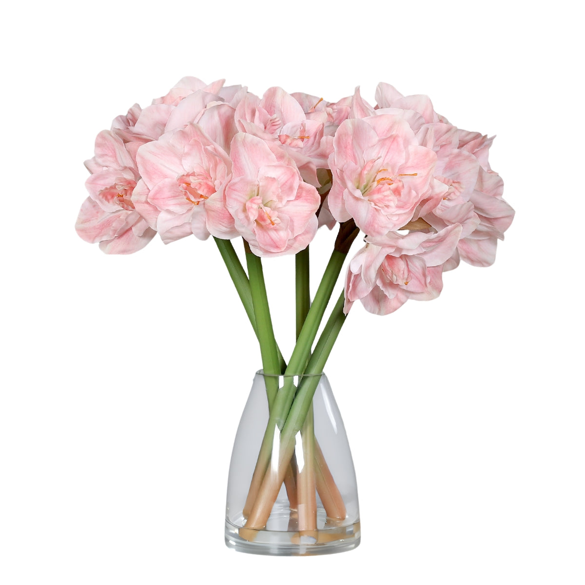 Aranjament floral premium cu cinci fire de amaryllis artificiale roz in vas de sticla transparenta