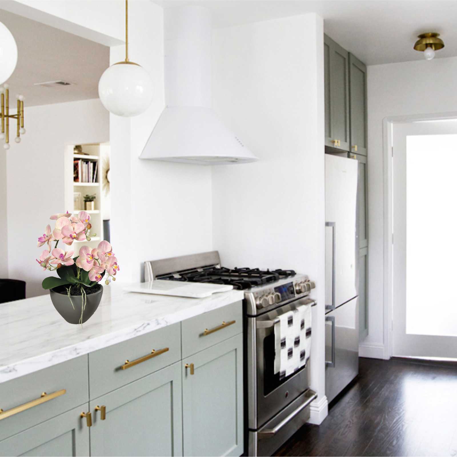 Orhidee artificiala Phalaenopsis roz deschis in vas ceramic, 35 cm