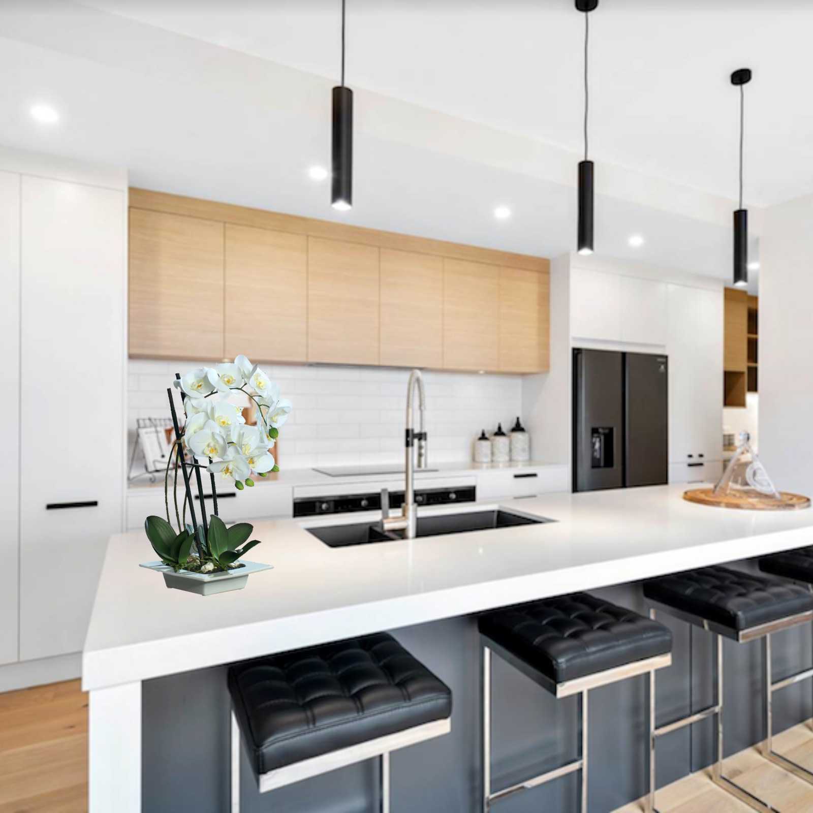 Orhidee artificiala Phalaenopsis Fresh alba cu aspect 100% natural in vas ceramic ,  46 cm