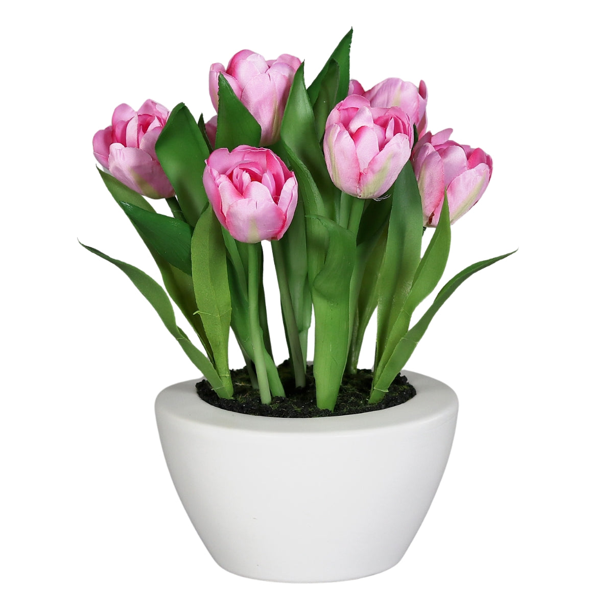 Aranjament floral cu lalele artificiale roz asezate intr-un vas ceramic elegant pentru decor interior