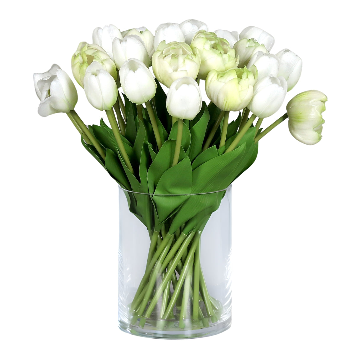 Aranjament premium cu 28 lalele artificiale albe in vas de sticla 36 cm