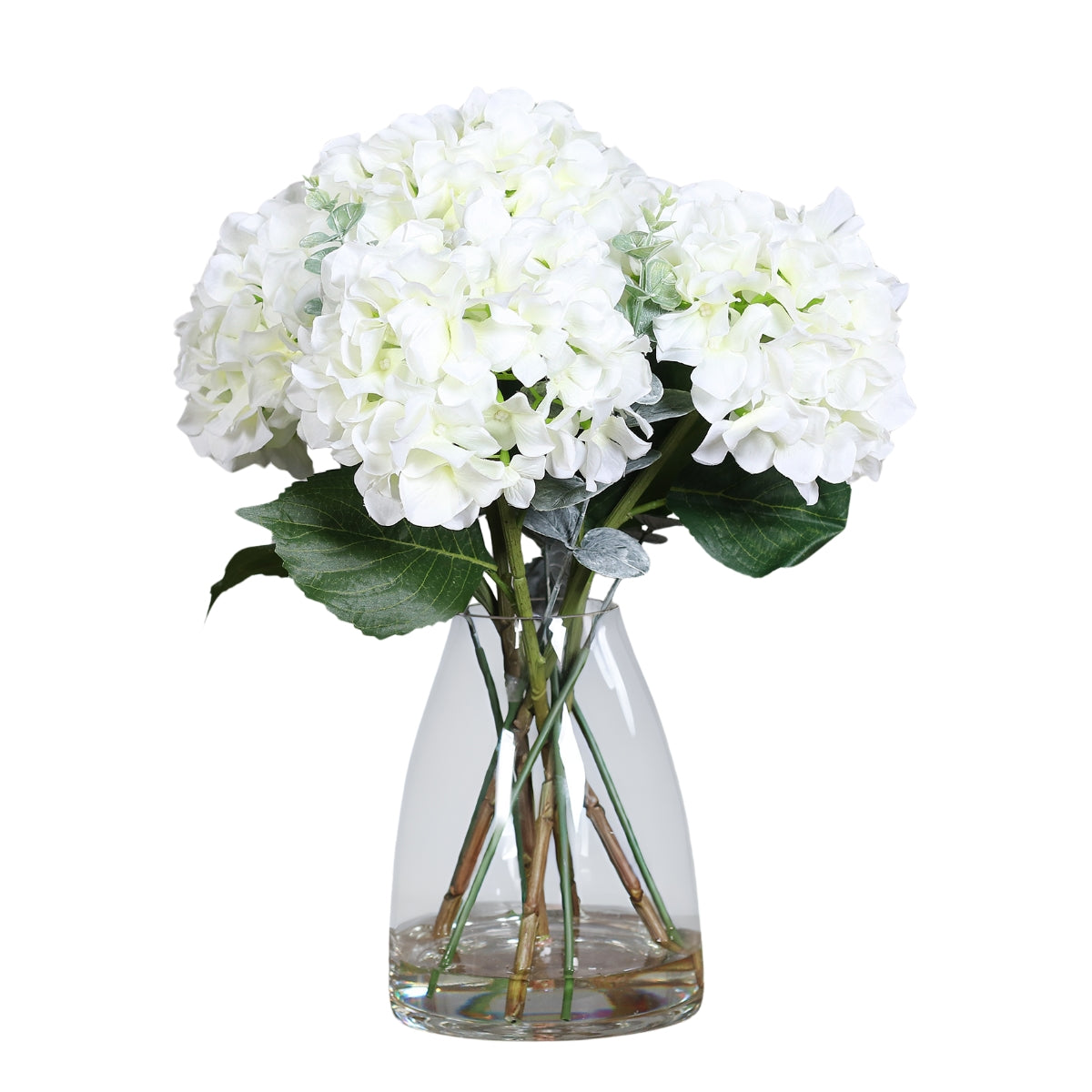 Aranjament floral premium cu hortensii artificiale de culoare alba asezate intr un vas din sticla transparenta
