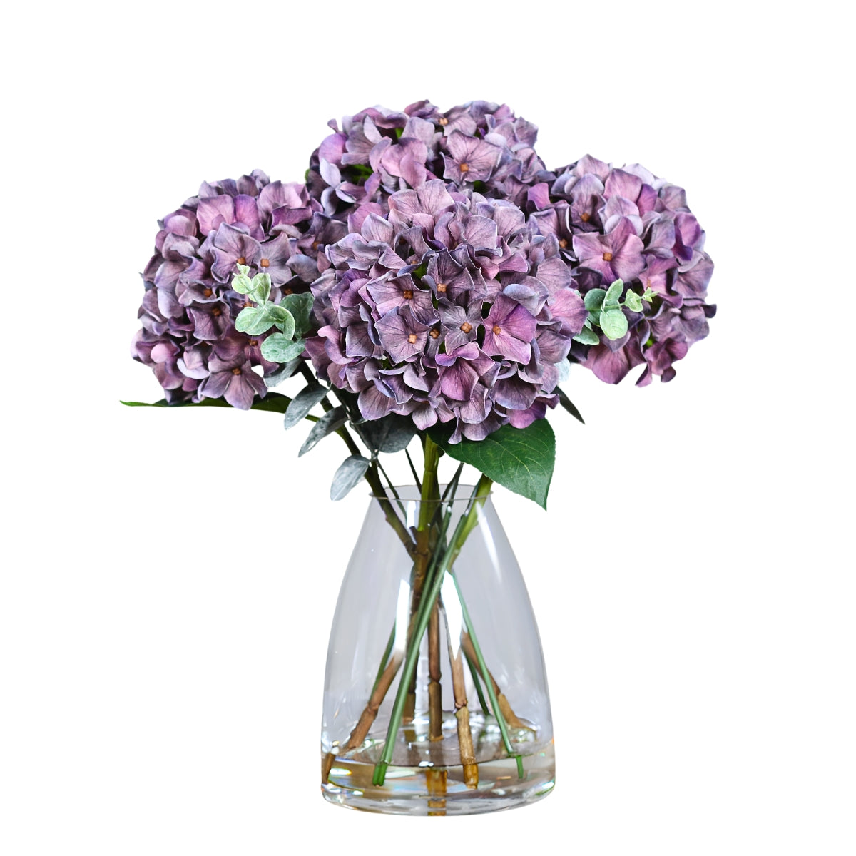 Aranjament floral premium cu hortensii artificiale de culoare mov inchis asezate intr un vas de sticla transparent de inaltime patruzeci si cinci centimetri