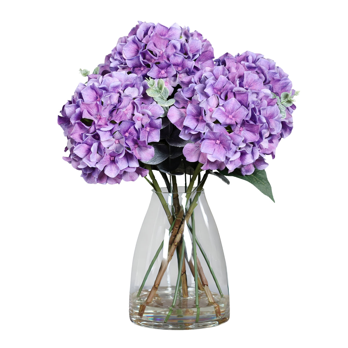 Aranjament premium cu hortensii artificiale mov in vas de sticla, 45 cm