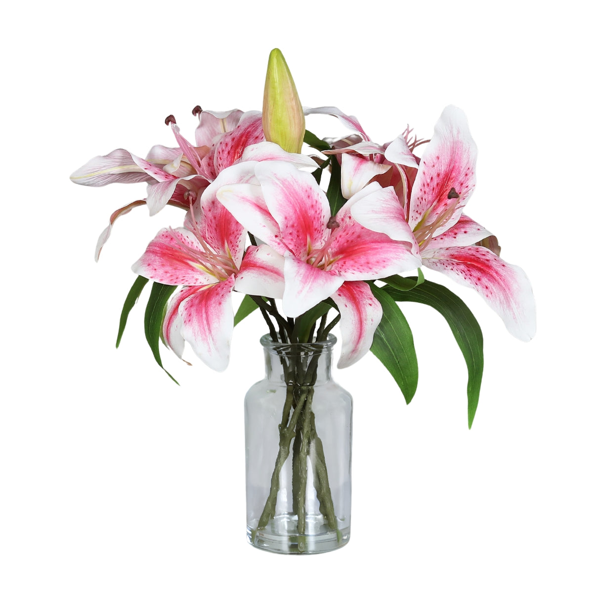 Aranjament floral cu crini artificiali de culoare roz asezati intr-un vas de sticla transparent de inaltime treizeci si trei centimetri