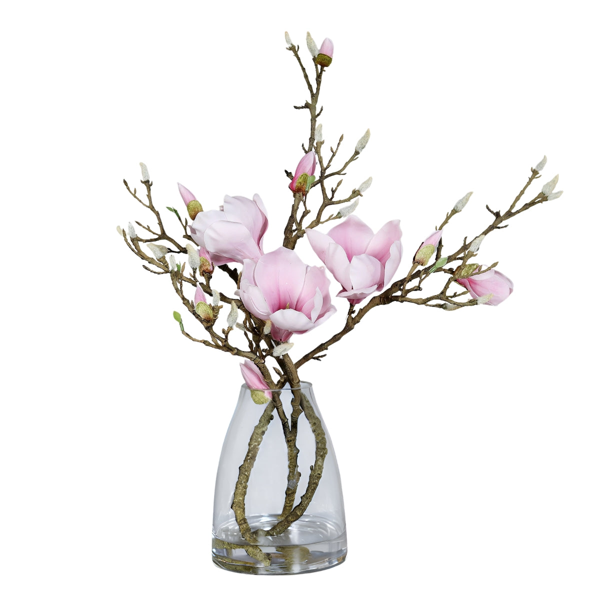 Aranjament floral premium cu magnolii artificiale roz intr-un vas din sticla transparenta de cincizeci centimetri inaltime
