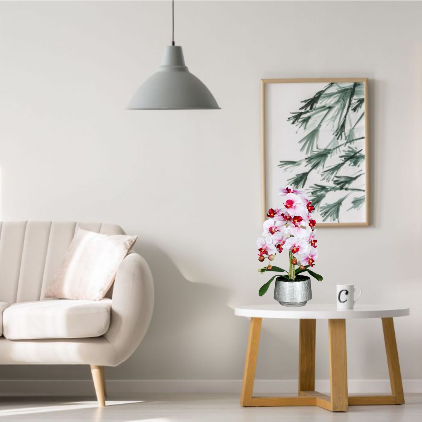 Orhidee artificiala Phalaenopsis  alb-rosu in vas ceramic, 60 cm