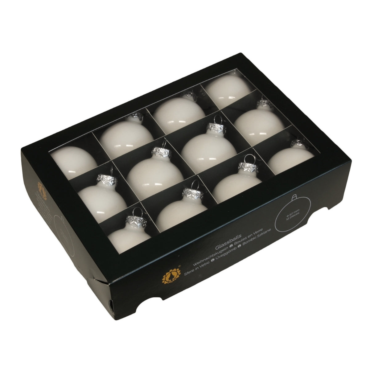 Set de douasprezece globuri rotunde din sticla alba opal cu finisaj lucios ambalate in cutie de carton cu compartimente