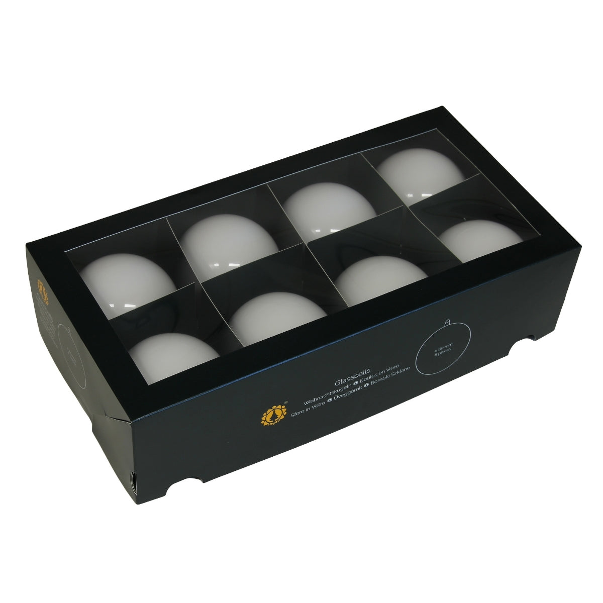 Set de opt globuri rotunde din sticla alba opal cu finisaj lucios asezate in cutie de carton pentru decorul bradului de Craciun