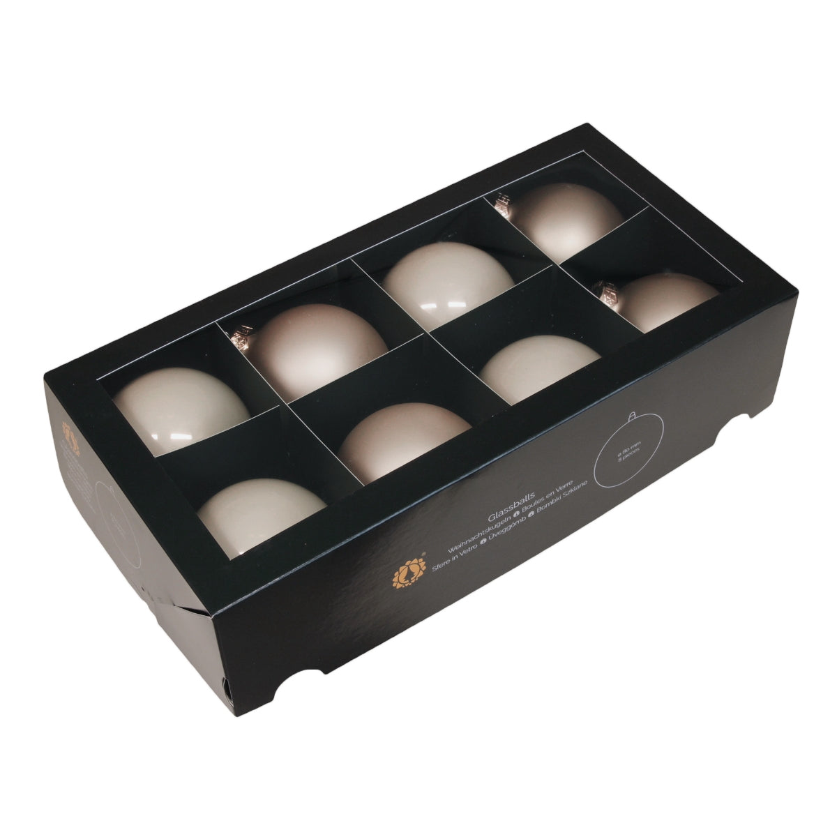 Set opt globuri din sticla de culoare champagne cu finisaj mat si lucios ambalate in cutie pentru decorul bradului de Craciun