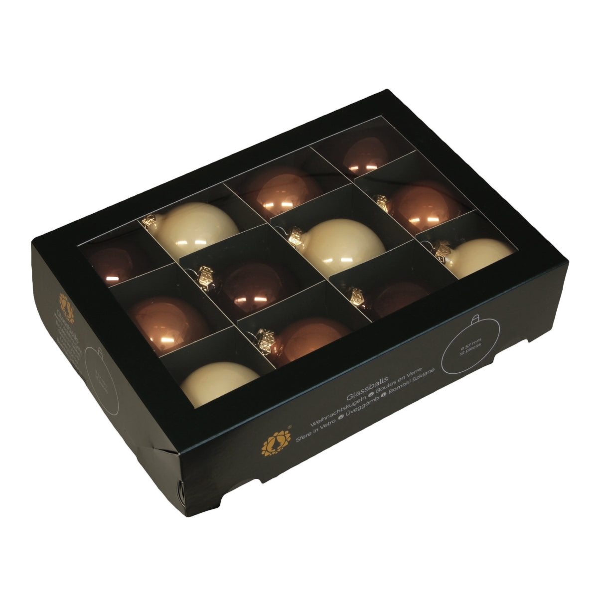 Set de douasprezece globuri rotunde din sticla lucioasa in nuante de crem bronz si maro ambalate in cutie pentru bradul de Craciun