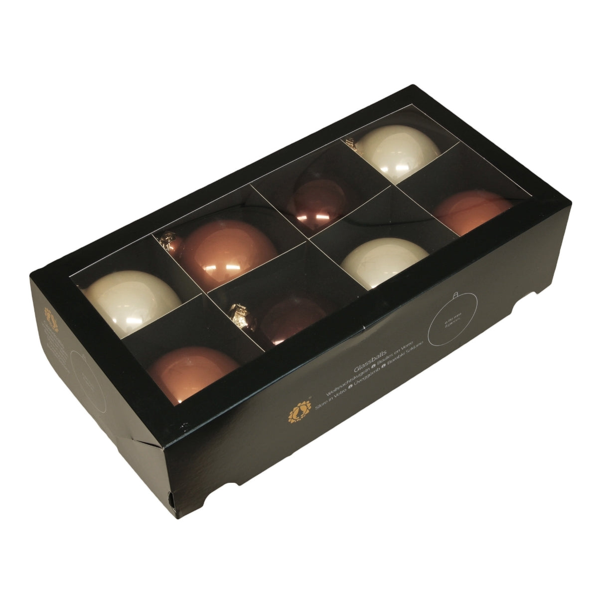 Set de opt globuri rotunde din sticla lucioasa in nuante de crem bronz si maro pentru decorarea bradului de Craciun