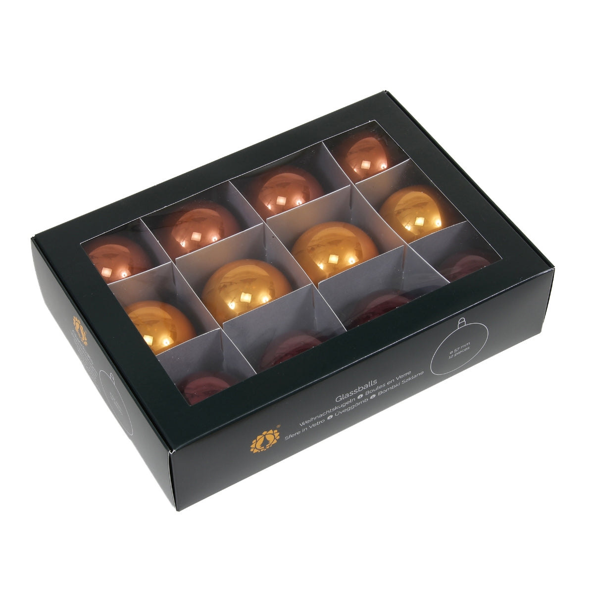 Set de douasprezece globuri rotunde din sticla lucioasa de culoare maro caramel ambalate in cutie pentru decorarea bradului de Craciun